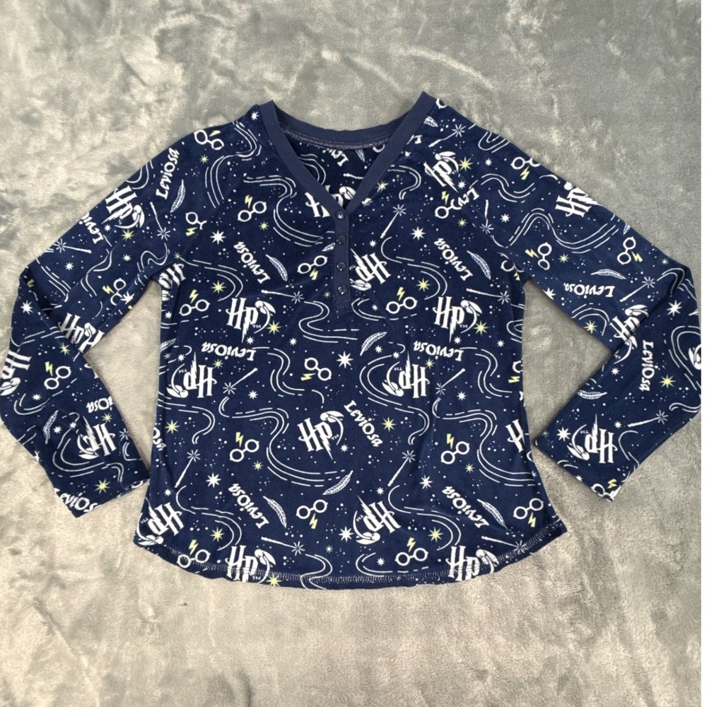 Harry Potter Leviosa Print Navy Blue Fleece Henley Pajama Top Long Sleeve‎ Small